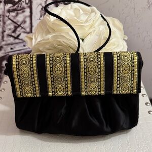 🎁 Whiting & Davis Black & Gold Satin Brocade Evening Bag Holiday Gift 🎁
